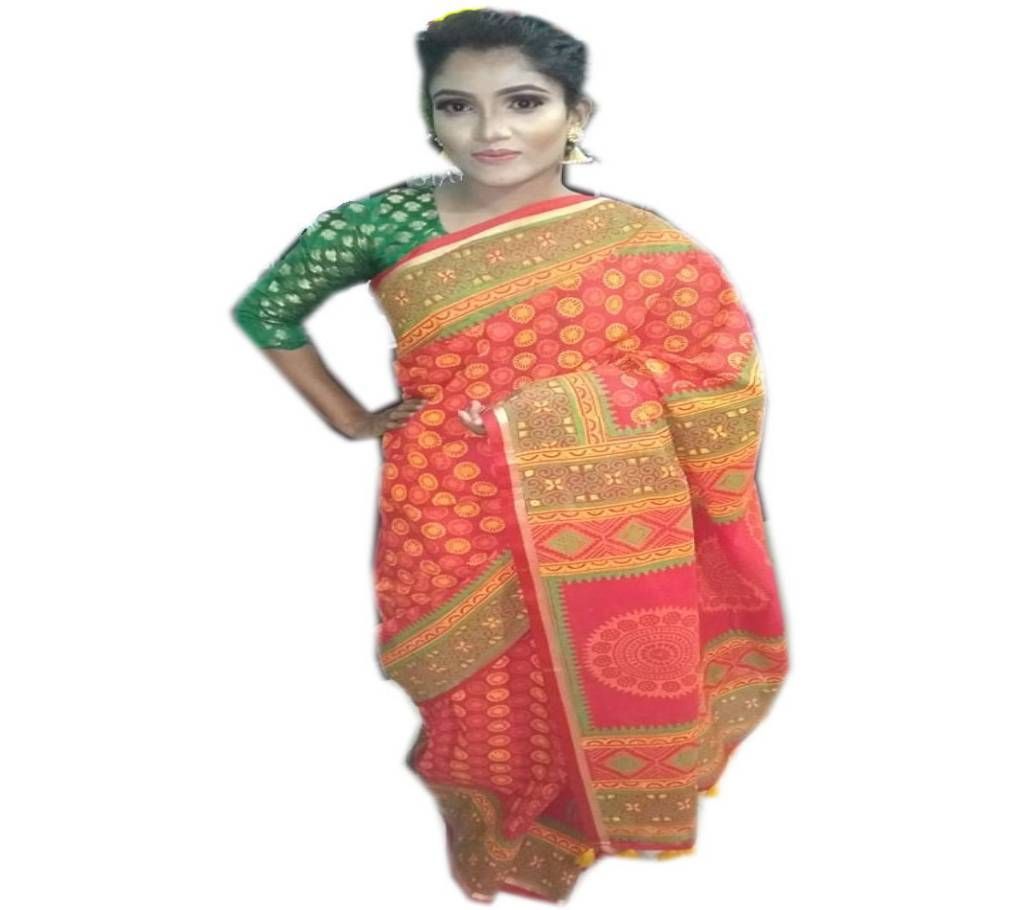 Red Block Cotton Sharee- ABS- 102