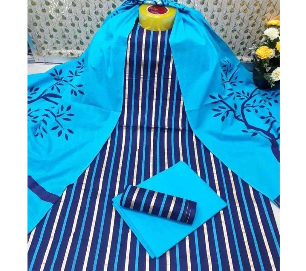 Unstitched Sky blue and Dark Blue Skin Printed 3 pieces Salwar Kameez for Women