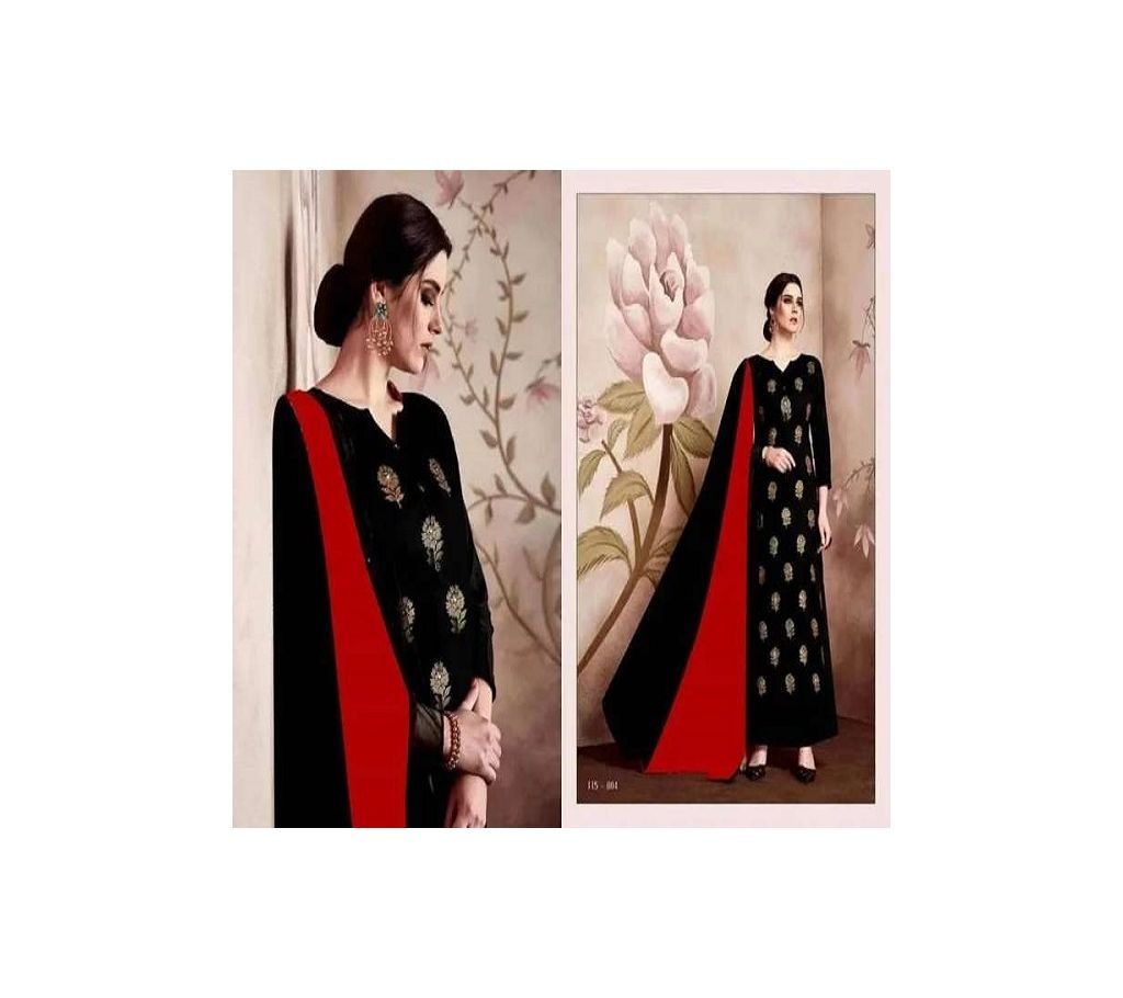 Unstiched Block Printed Cotton Salwar Kameez For Women Dark Black Color