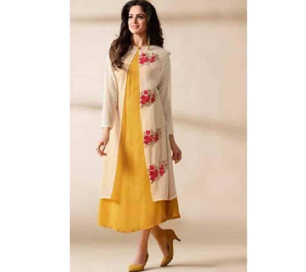 White yellow Embroidered Semi Ready Kurti 344