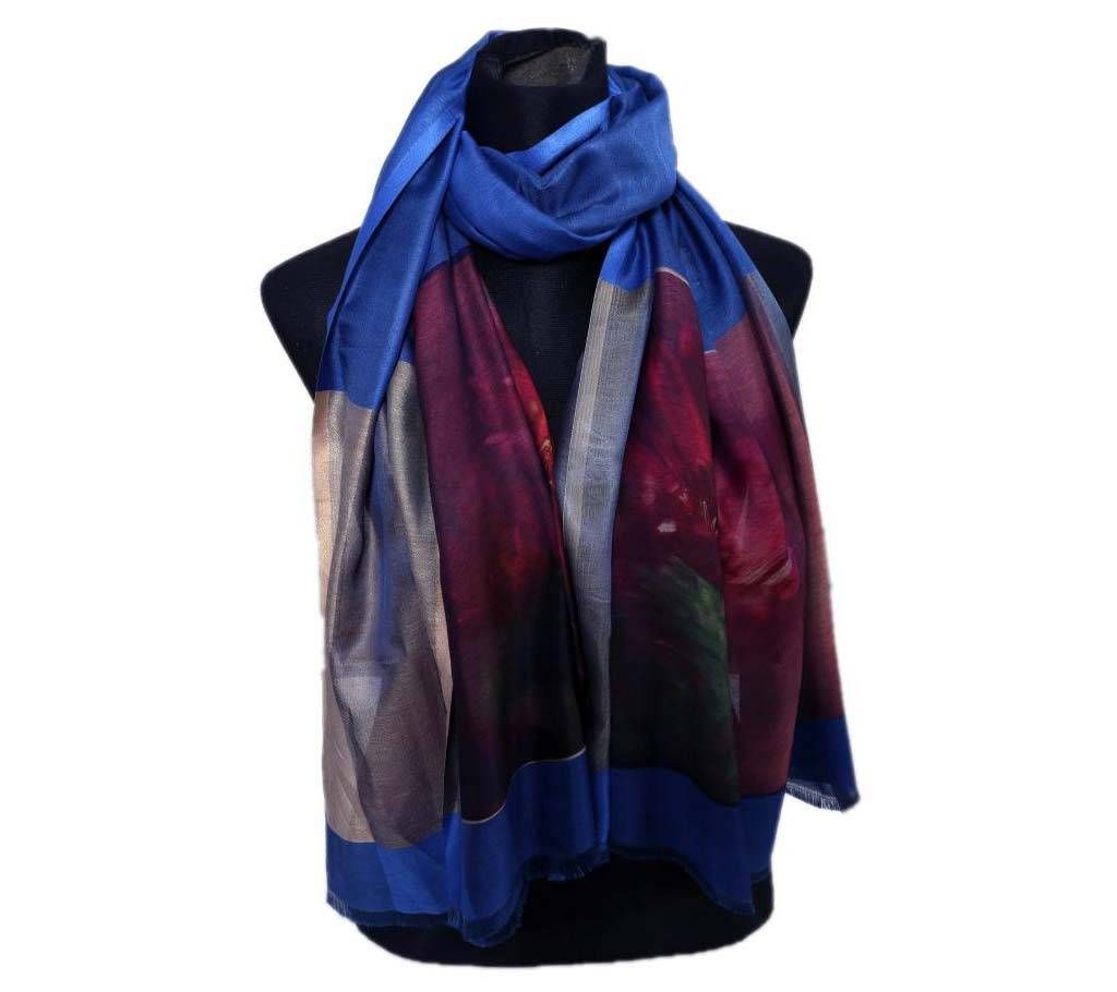 Floral Silk Print Hijab for Women - Blue