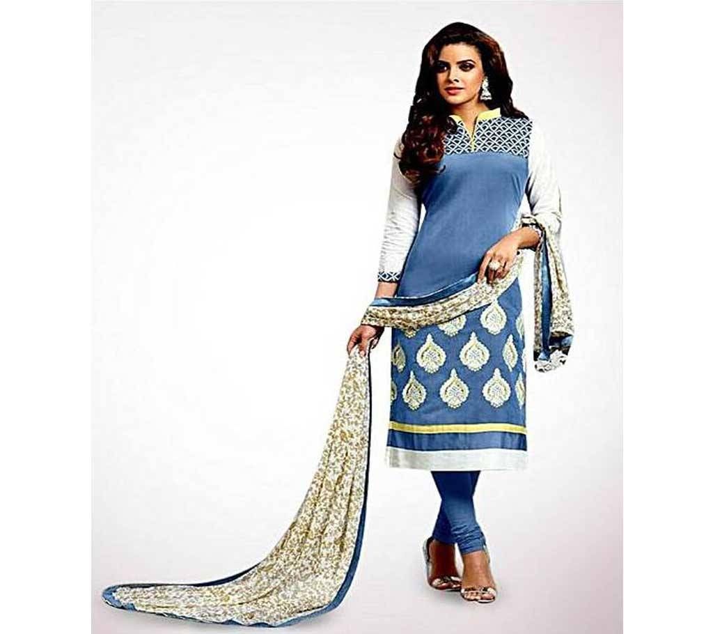 Unstitched Blue Gray Cotton Block Printed Shalwar Kameez For Women