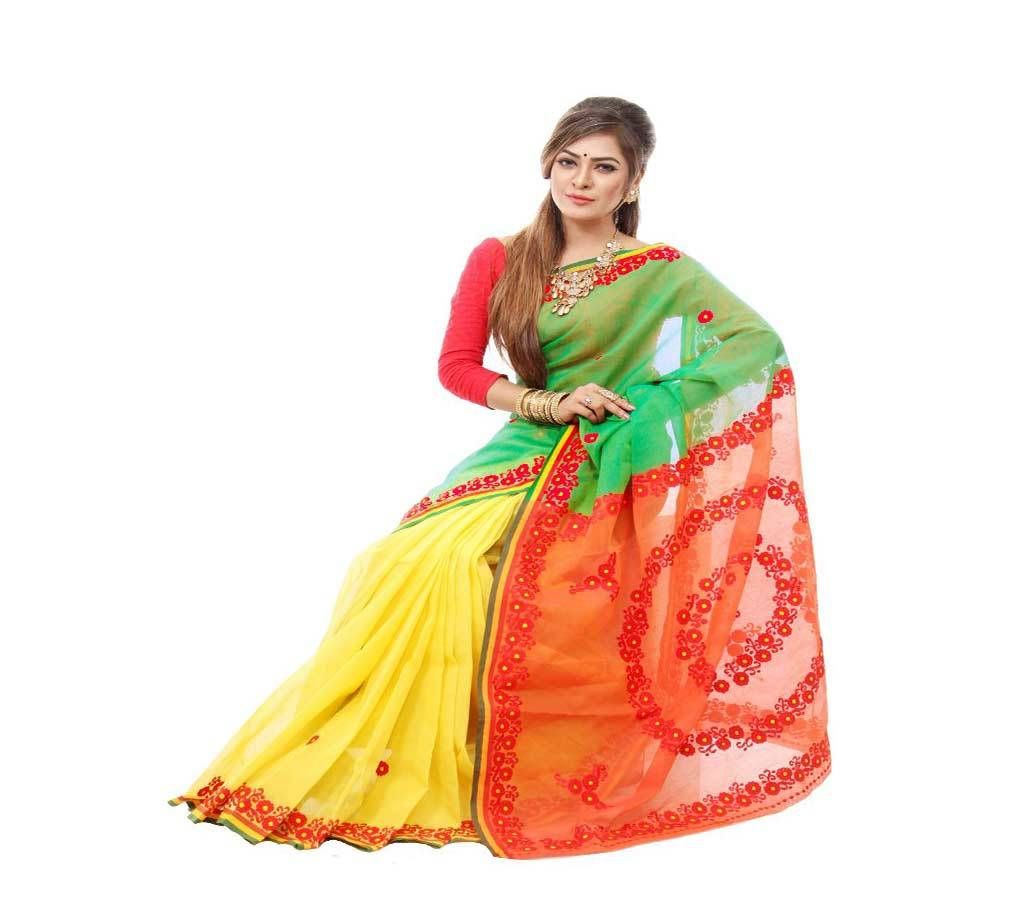 Light Sea Green and Yellow and Red Orange in Other Part with Orange, Yellow and Lime Green in Paar Silk Sharee - 940