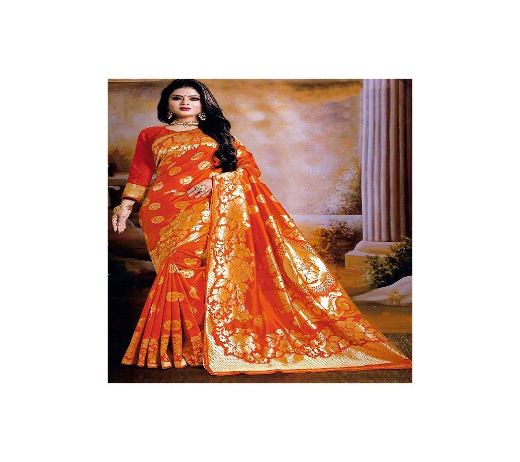 Indian Embroidery Work Silk Katan Saree  Orange with Golden Paar and Anchol
