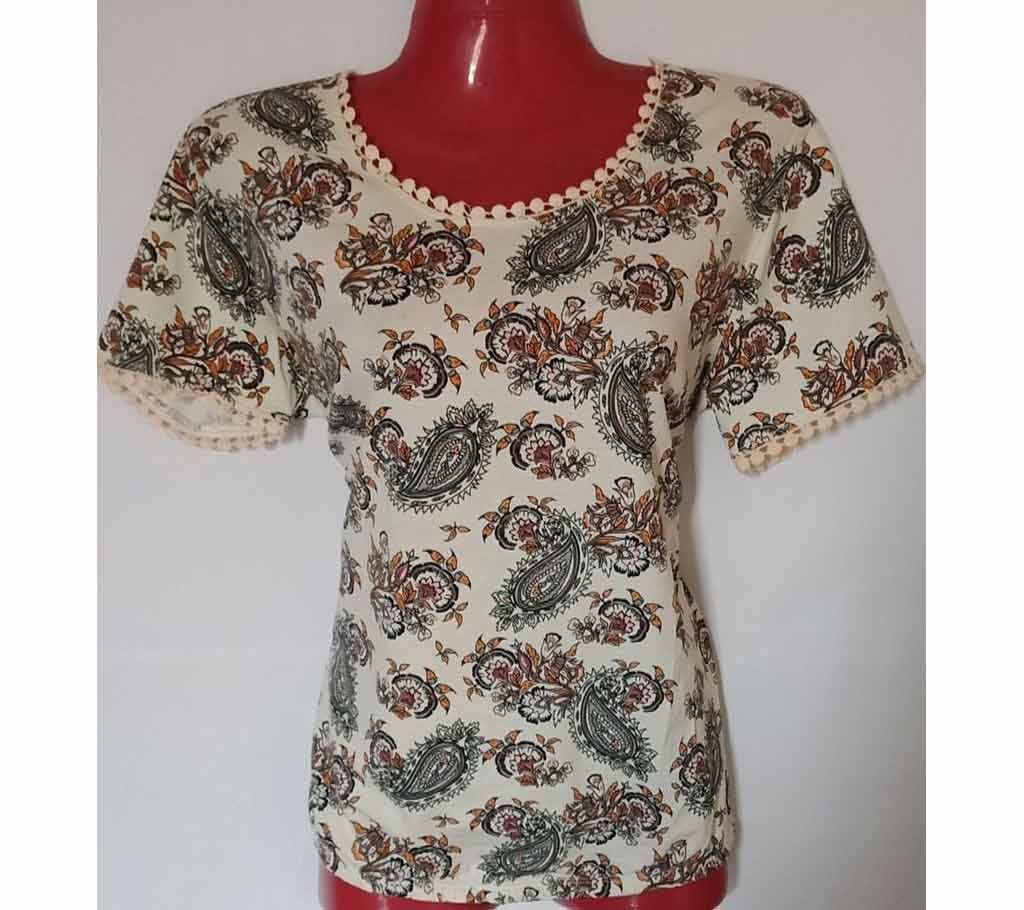 Ladies All Over Printed Fancy Branded T-Shirt Biscuit Gray