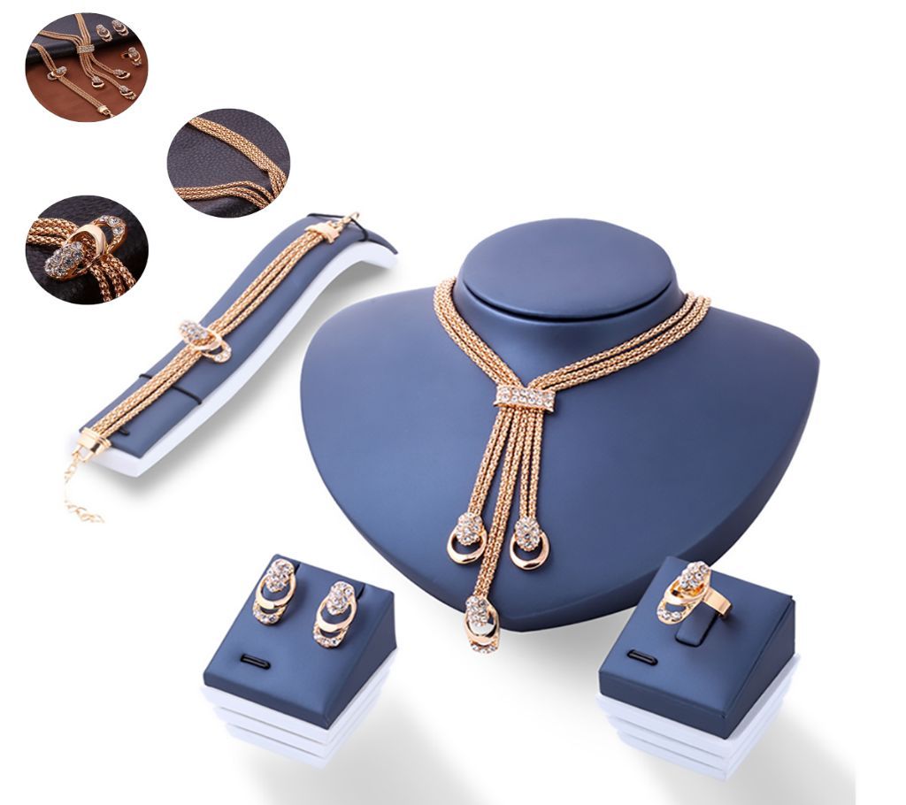 Gold Color Crystal Necklace Earring Bracelet Ring Set