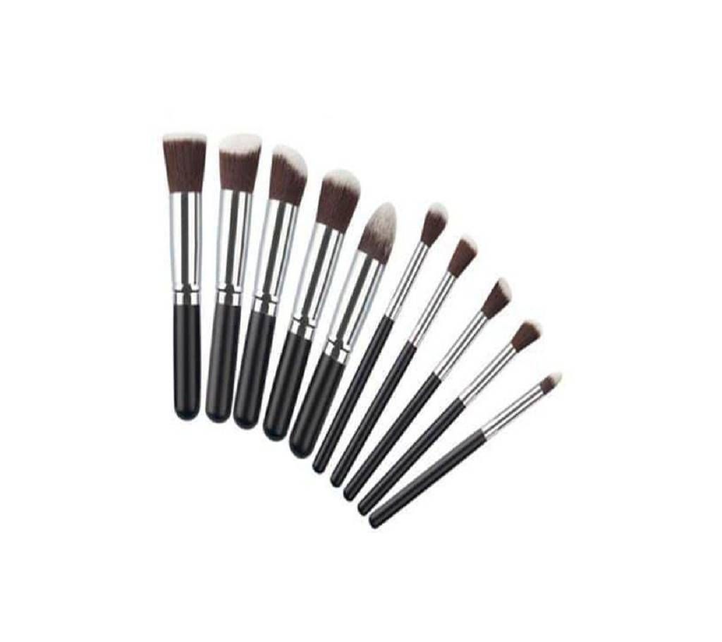 Kabuki Brush Set of 10 Pcs - Black and Silver