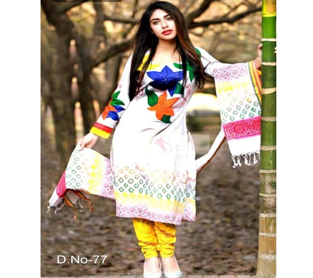 Unstitched Multi-Color Cotton Block Printed Salwar Kameez for Women