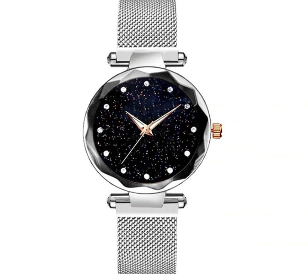 Silver Magnet Chain & Black Dial Wrist Watch For Women - BDPW03S - BAL