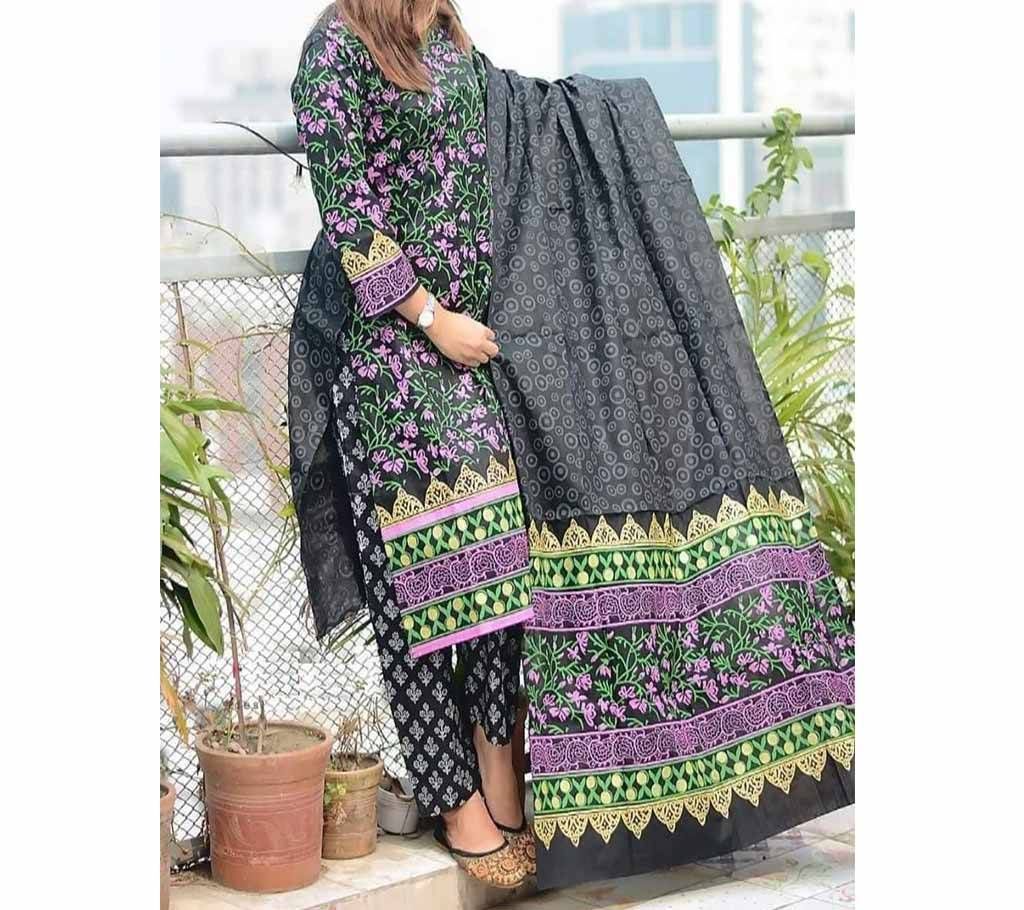   Black and Multi Block Printed 3 pieces Salwar Kameez for Women