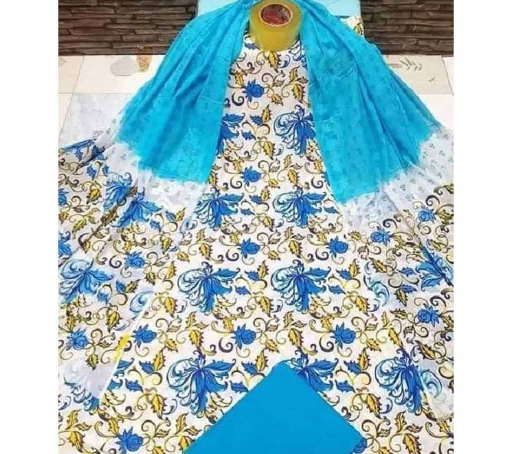 Unstitched Joypuri Cotton 3piece Sky Blue