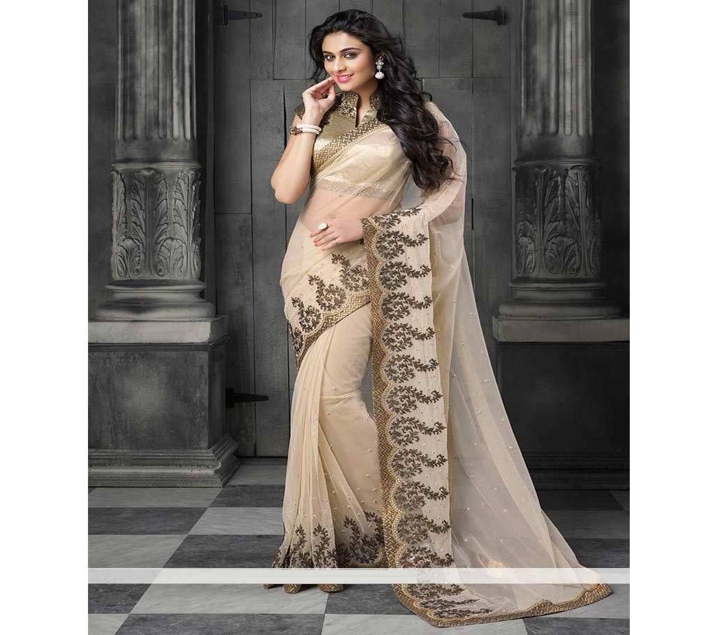 INDIAN CREAM GREEN GEORGETTE SAREE FOR WOMEN