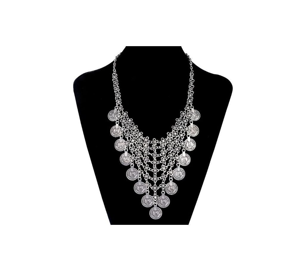 Floral Antique Silver Coin with Chain Statement Necklace G JWL1126