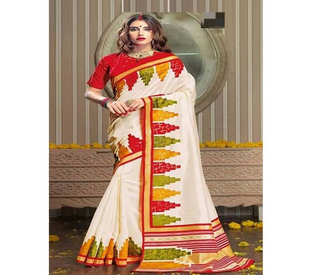Kasturi Soft Silk Off White with Gold, Red Paar and Pyramid Design Saree 