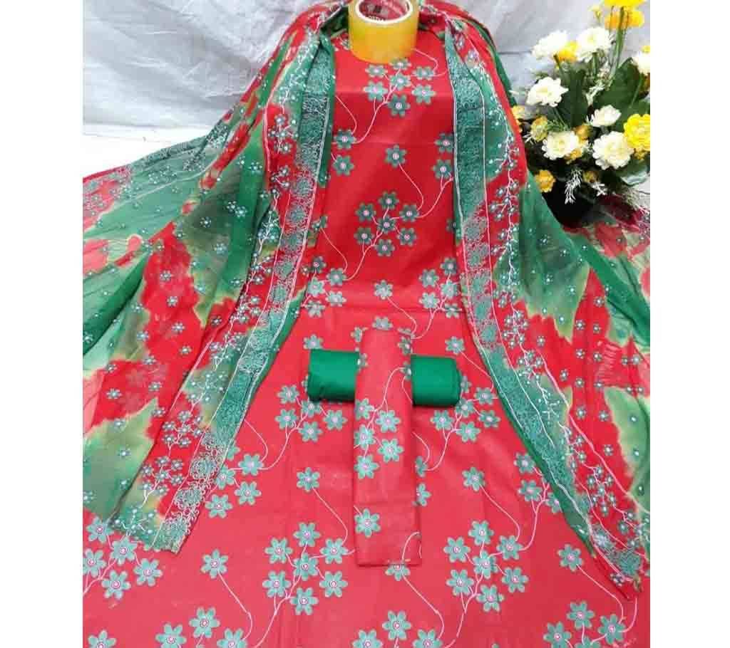 Cotton 3Pcs with Ambush Print Dupatta 02 - Red - SLF