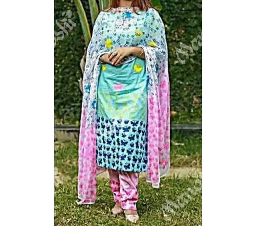 Unstitched Block Printed Three Piece for Women Multi-color
