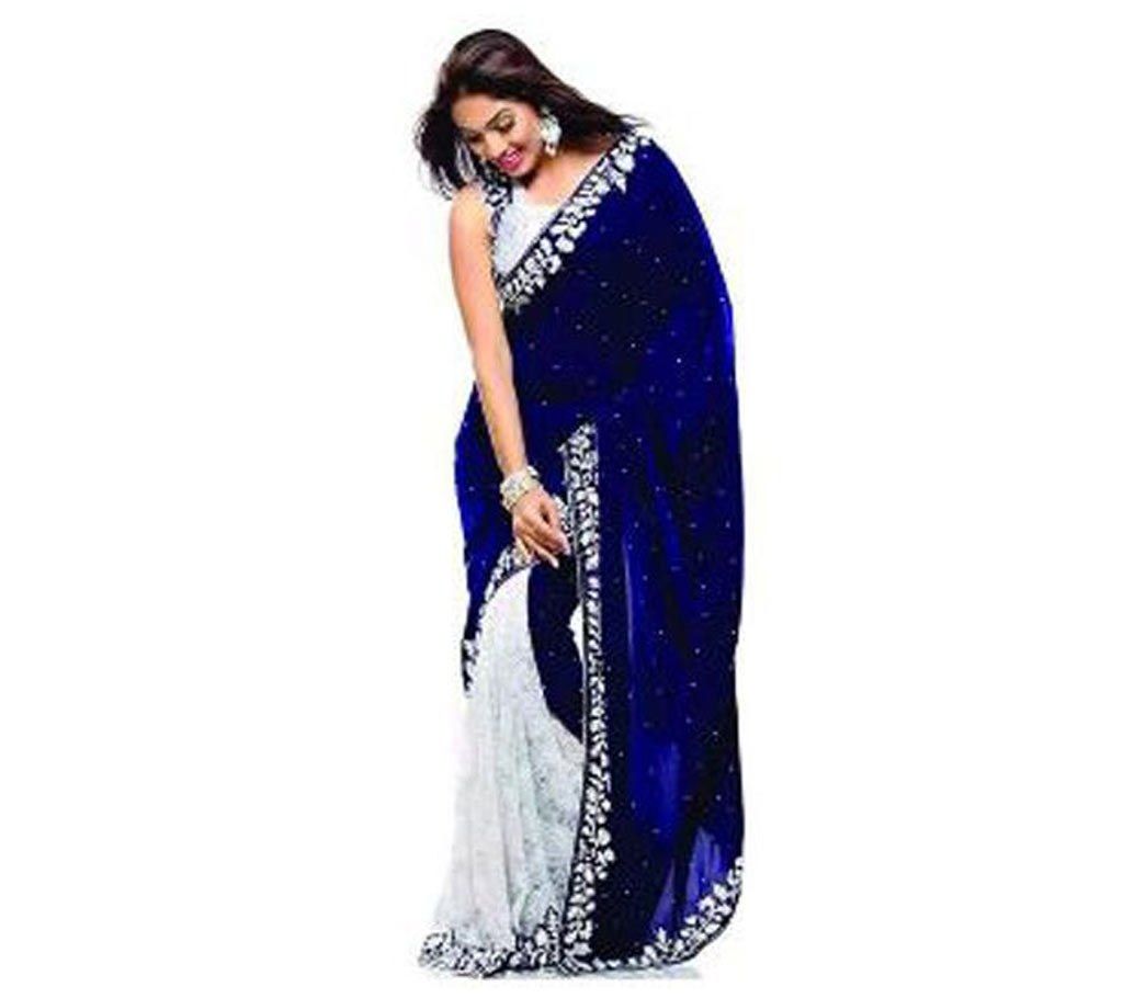 Blue and white soft georgette sharee