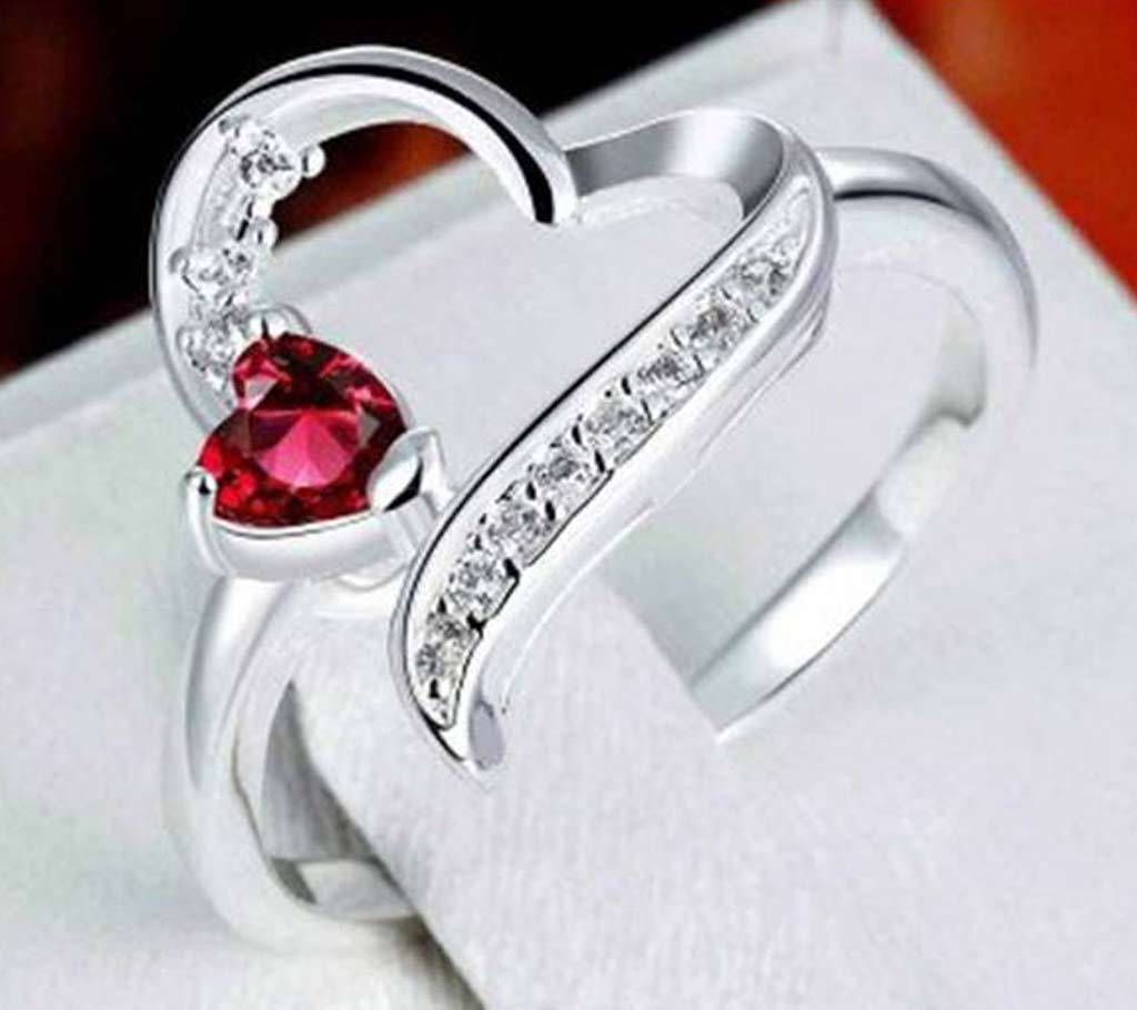 HEart Shape Red Stone Silver Ring 