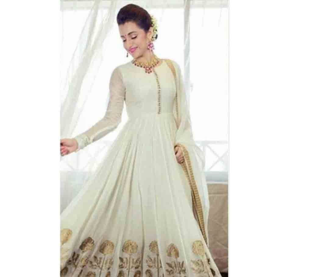 Off white georgette Semi ready Embroidered Dress
