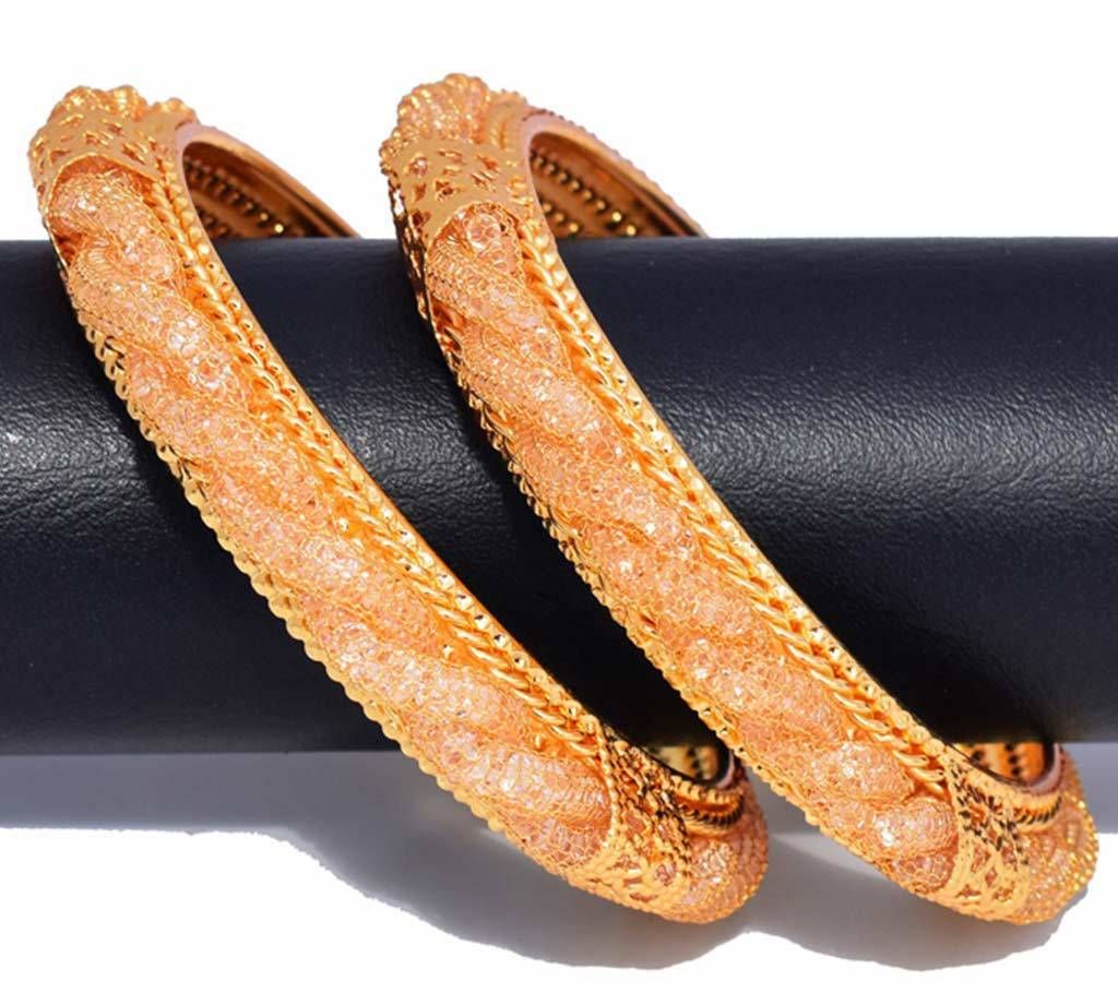 Indian Gold Plated Diamond Cut Metal Bangles For Women - 2Pc