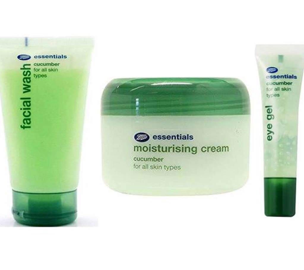 Boots Essentials Cucumber Moisturizing Cream, Eye Gel & Facewash Package