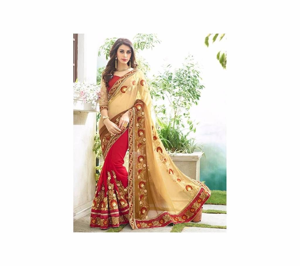 Embroidery Georgette Saree Deep Red and Golden