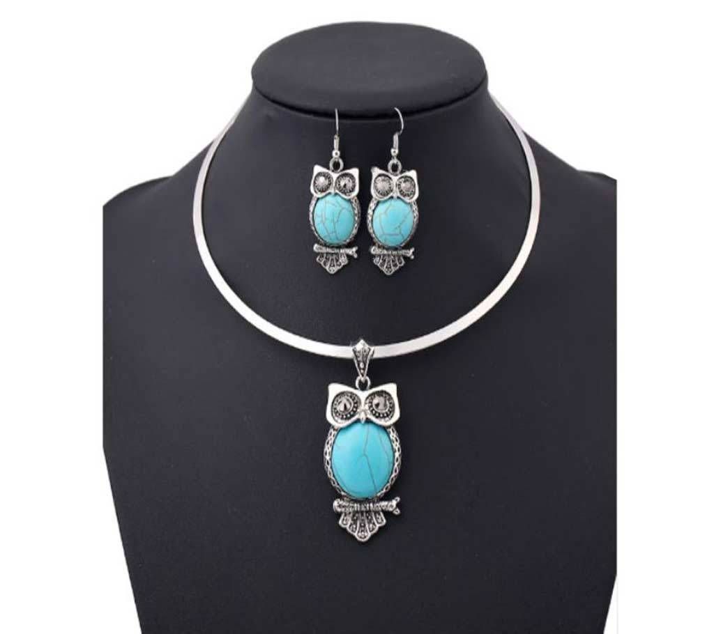Bohemian Blue Stone Owl Choker Nacklace And Earring Jewelry Set