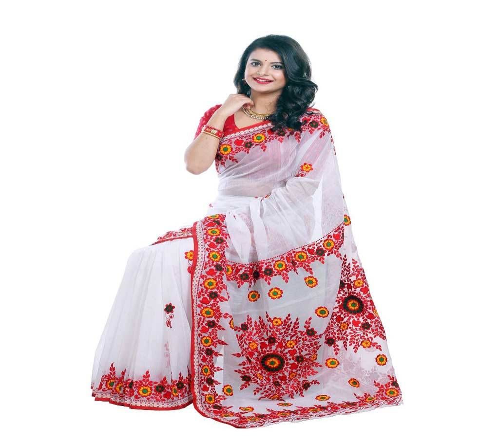 Beautiful Off White with Red Pink, Orange, Green Mix Flower Design in Paar, Anchol Silk Sharee - 970