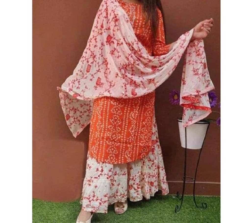 Orange And White Block Printed Salwar Kameez For Women-free size
