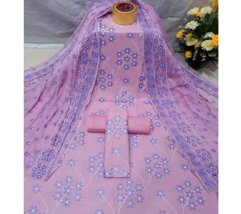 Cotton 3Pcs with Ambush Print Dupatta 07 - Lavender Violet - SLF