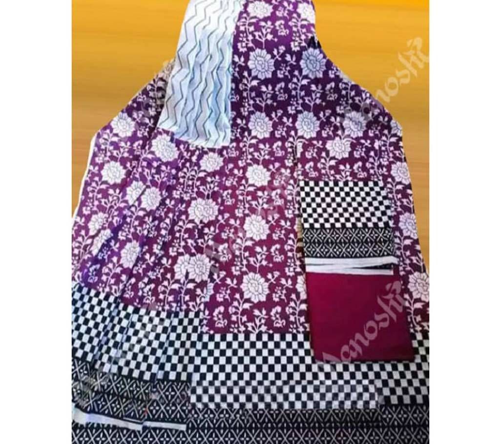 Unstitched Block Printed Three Piece for Women Purple Color