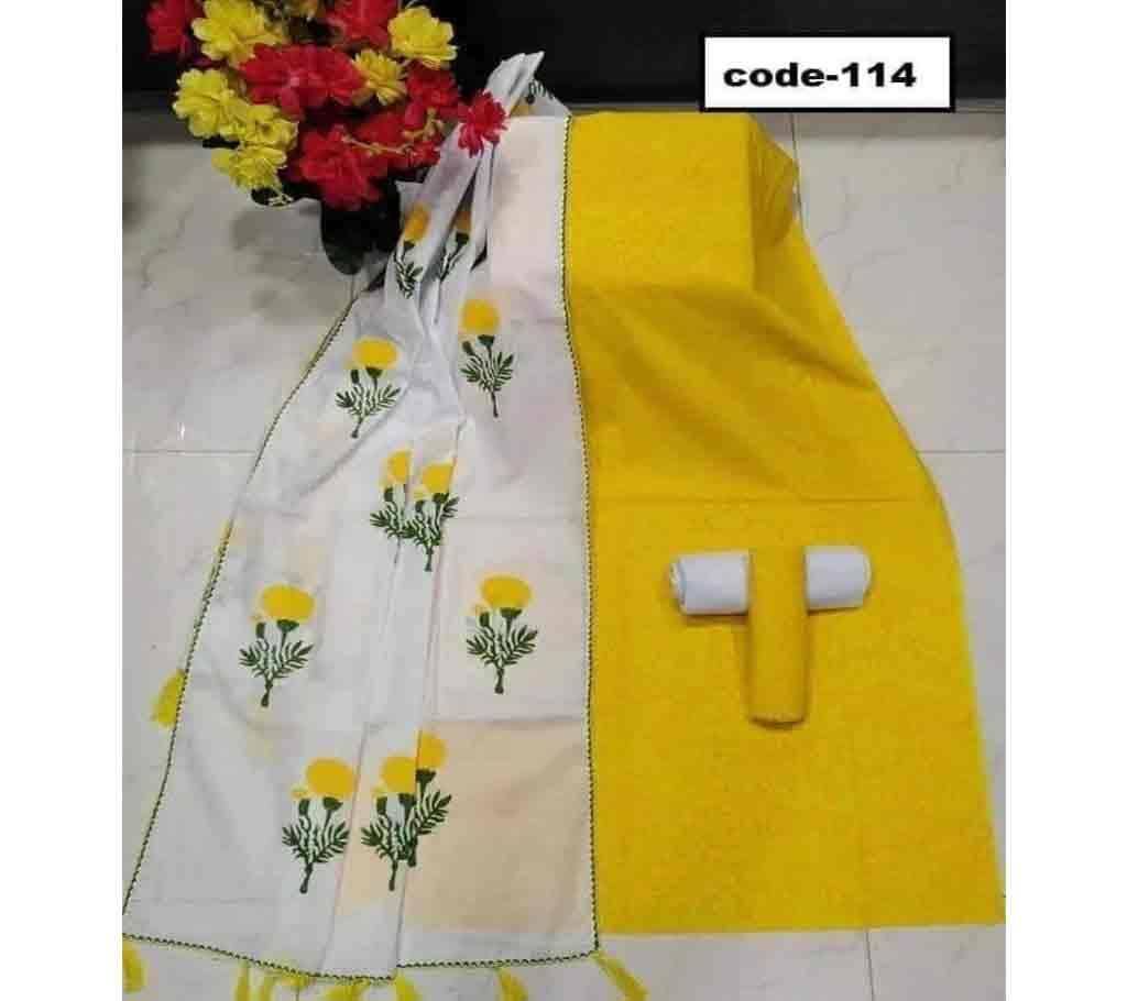 Unstitched Print Cotton Three Piece Yellow 04