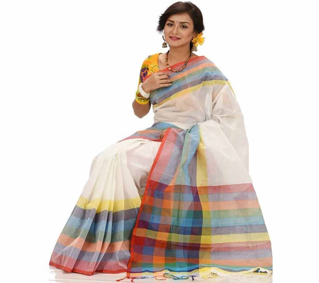 Multicolour Tat cotton Saree with Blouse Piece for Women-29