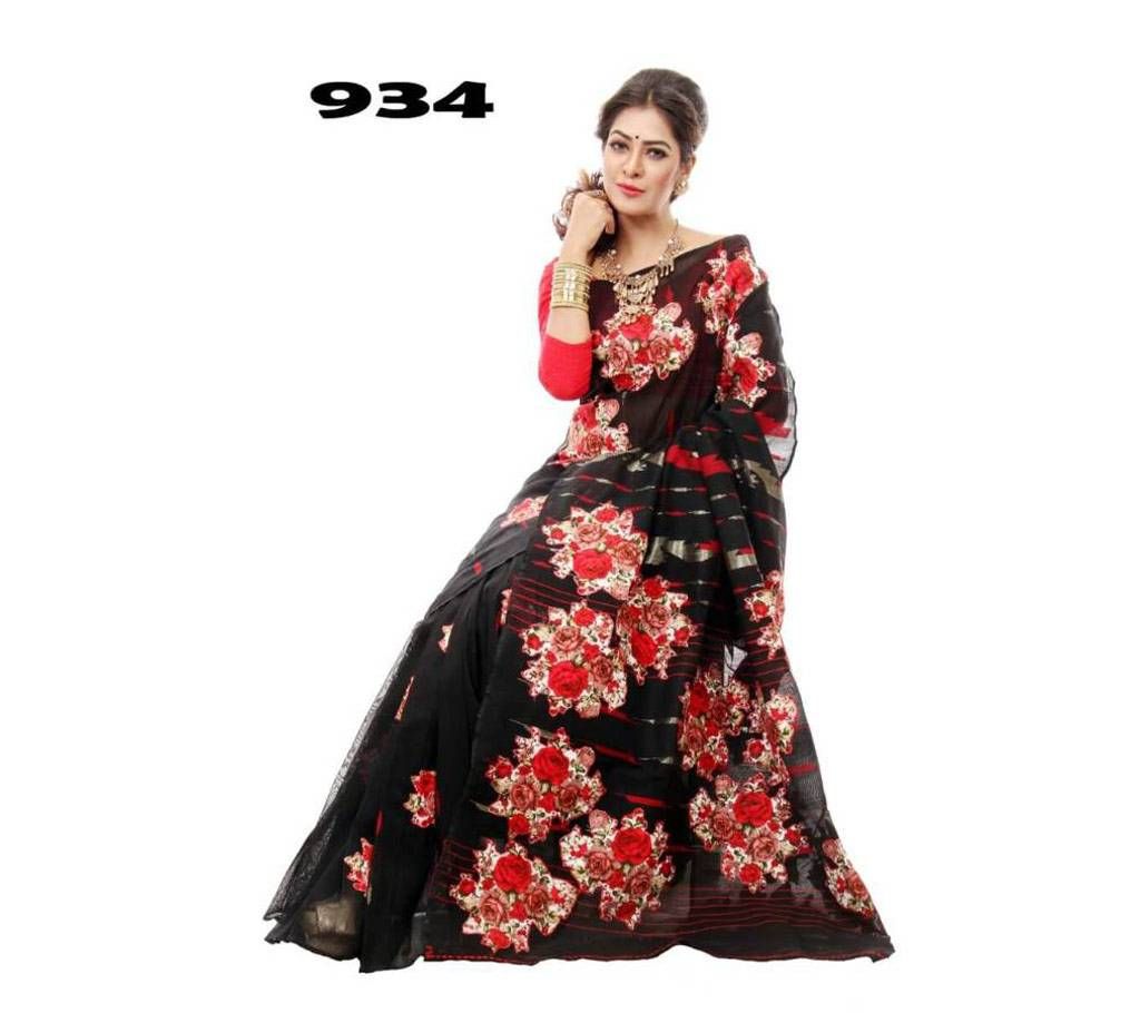 Black Color Rose work hand embroidery jamdani sare
