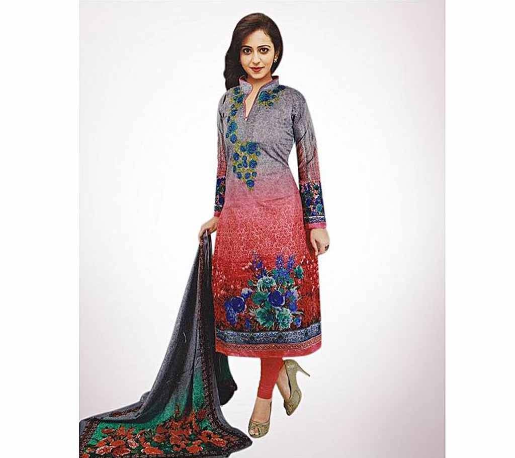 Unstitched Gray and Red Cotton Salwar Kameez