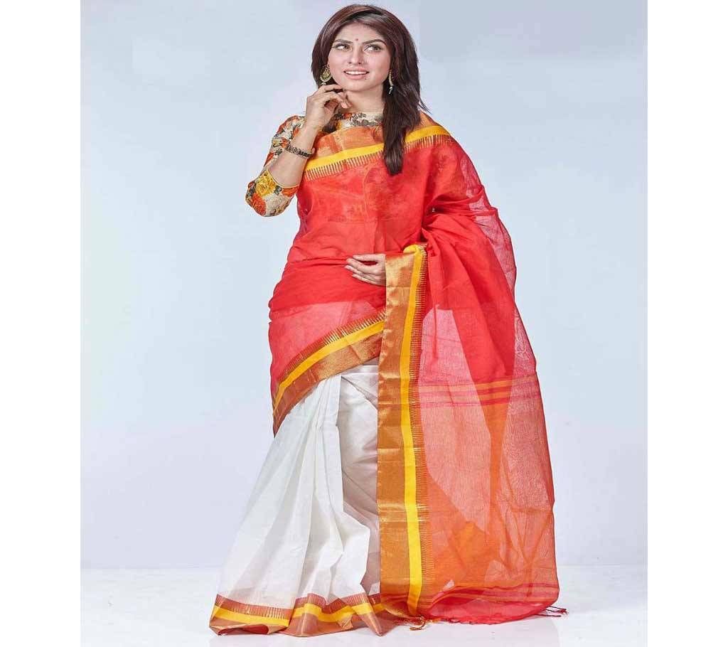 Red and White Taant Cotton Saree for Women