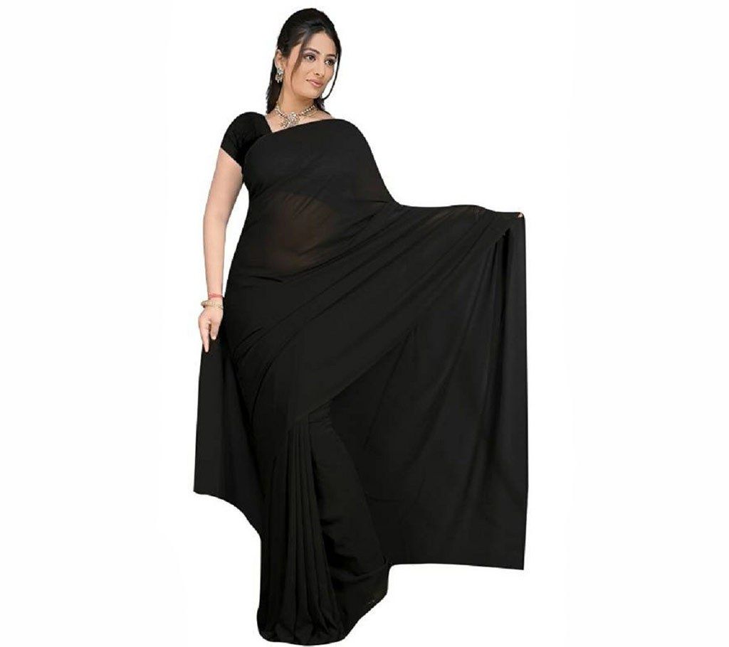 Indian Black Soft Plain Georgette plain design Saree