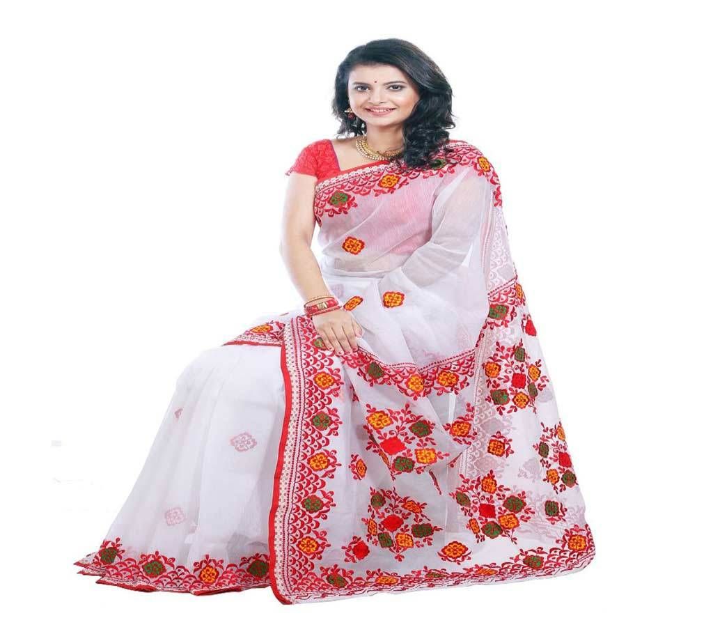 Gorgeous Off White with Red Pink, Yellow Gold Medium Size Flower Design in Paar and Anchol Silk Sharee - 971