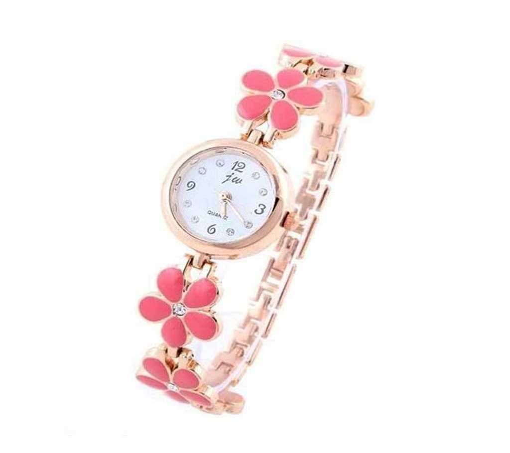 Flower Rose Gold Bracelet With Wrist Watch for Women - Pink