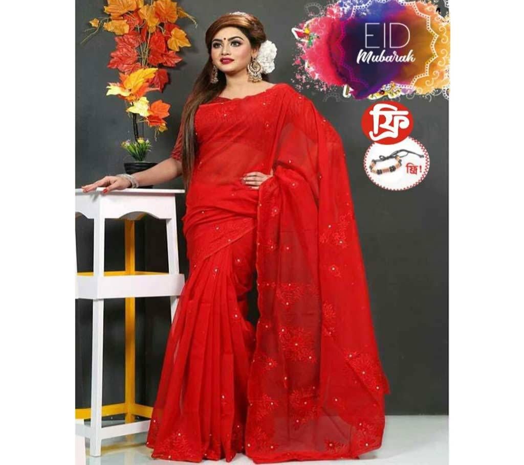 Applique Stone Silk Saree with Free Bracelet 