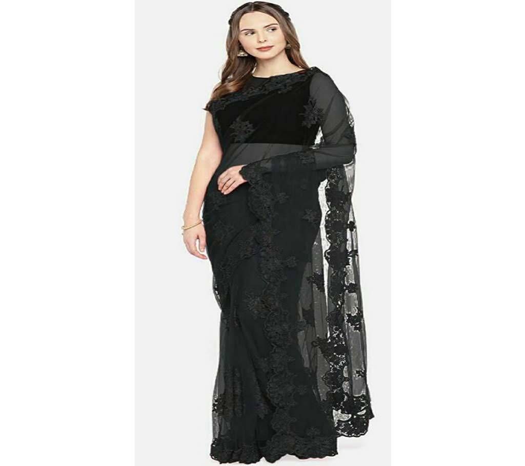 Heavy Banglori silk Embroidery Saree 05 Black AMI