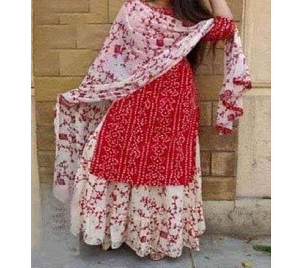 Red Block And White Printed Salwar Kameez For Women-free size