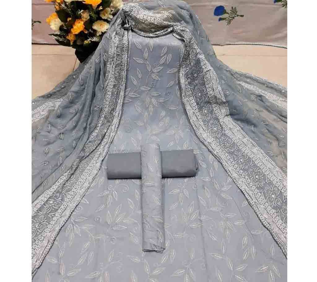 Cotton 3Pcs with Ambush Print Dupatta 01 - Silver Color - SLF