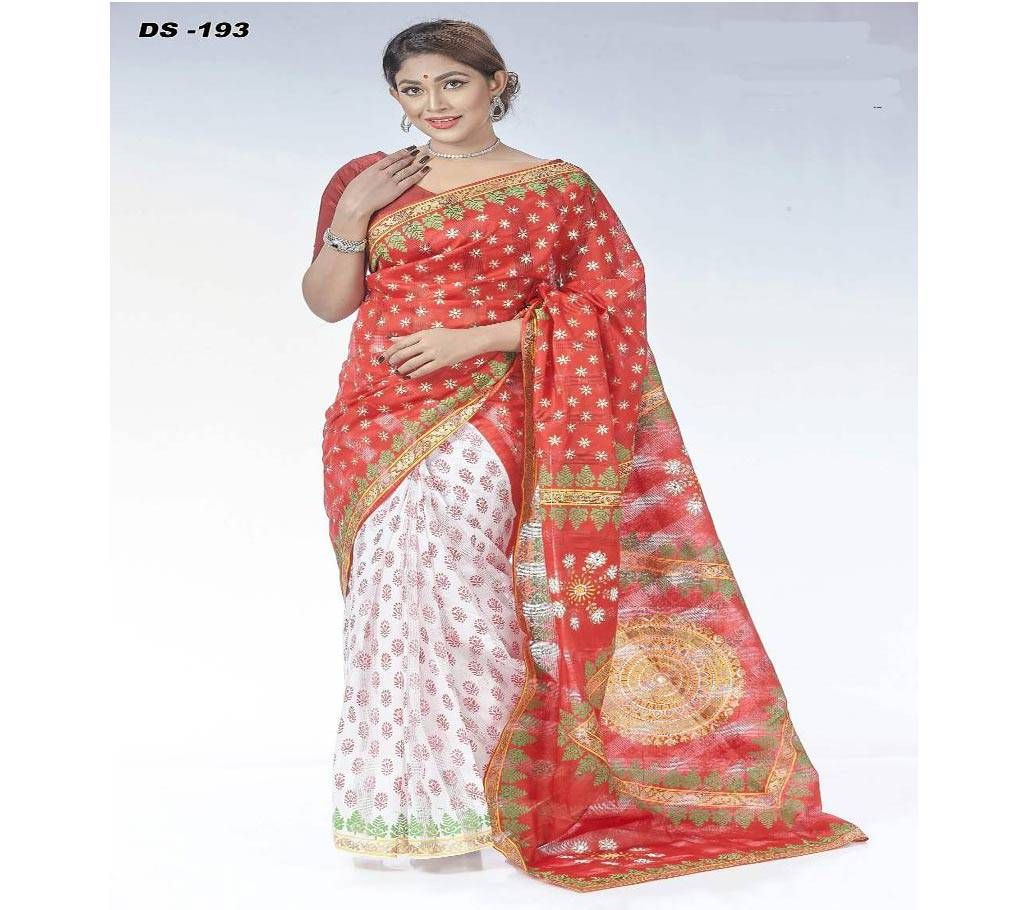 Check silk block printed sharee