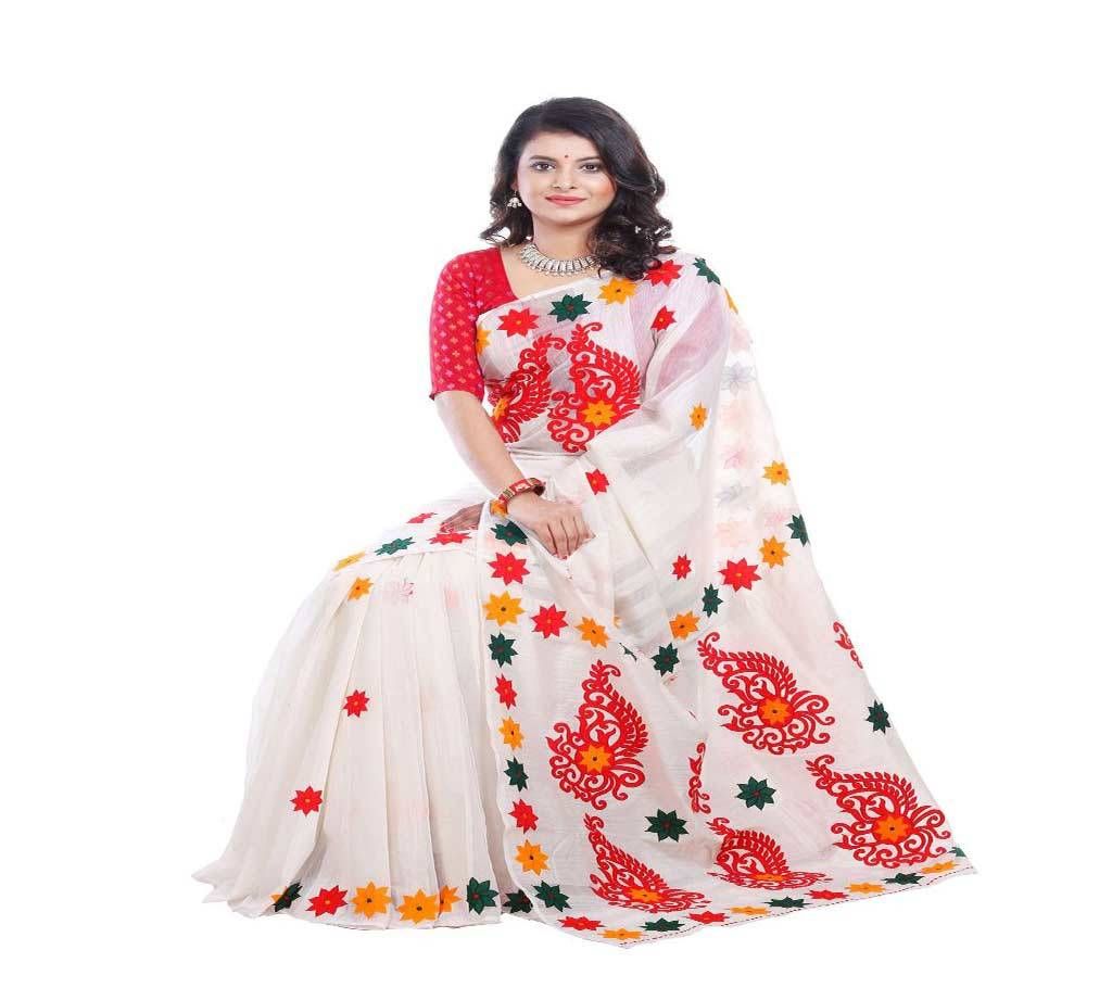 Beautiful Off Cream White with Orange, Red and Green Star Shape Design in Paar and Anchol Silk Sharee - 974