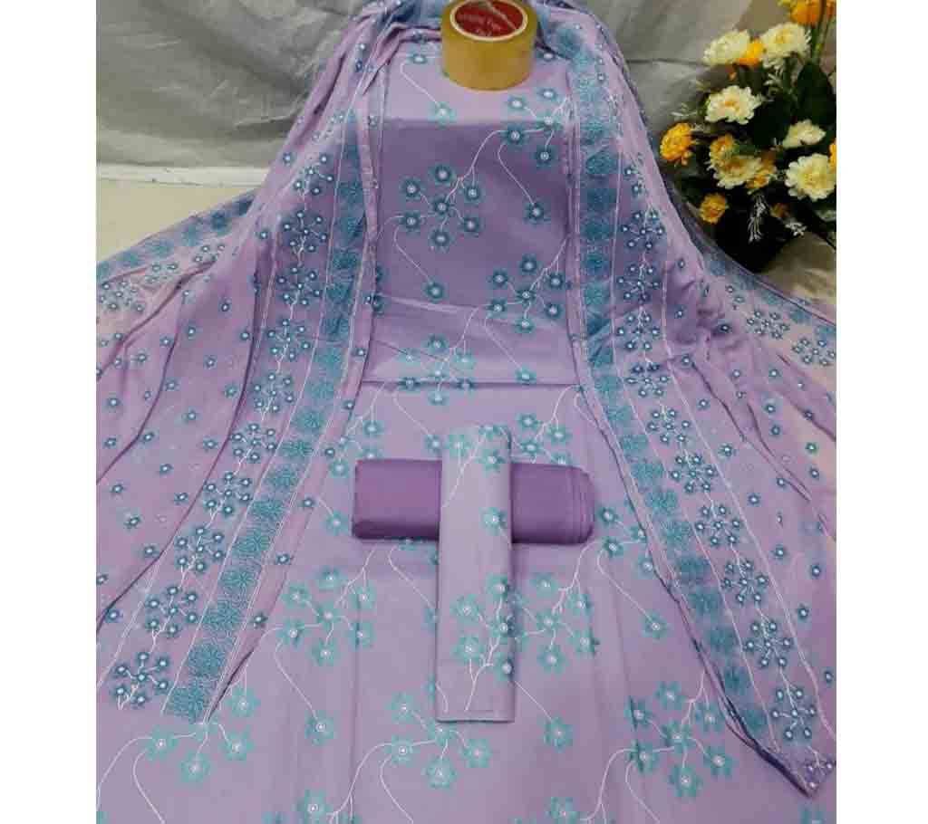 Cotton 3Pcs with Ambush Print Dupatta 06 - Mauve Violet Color - SLF