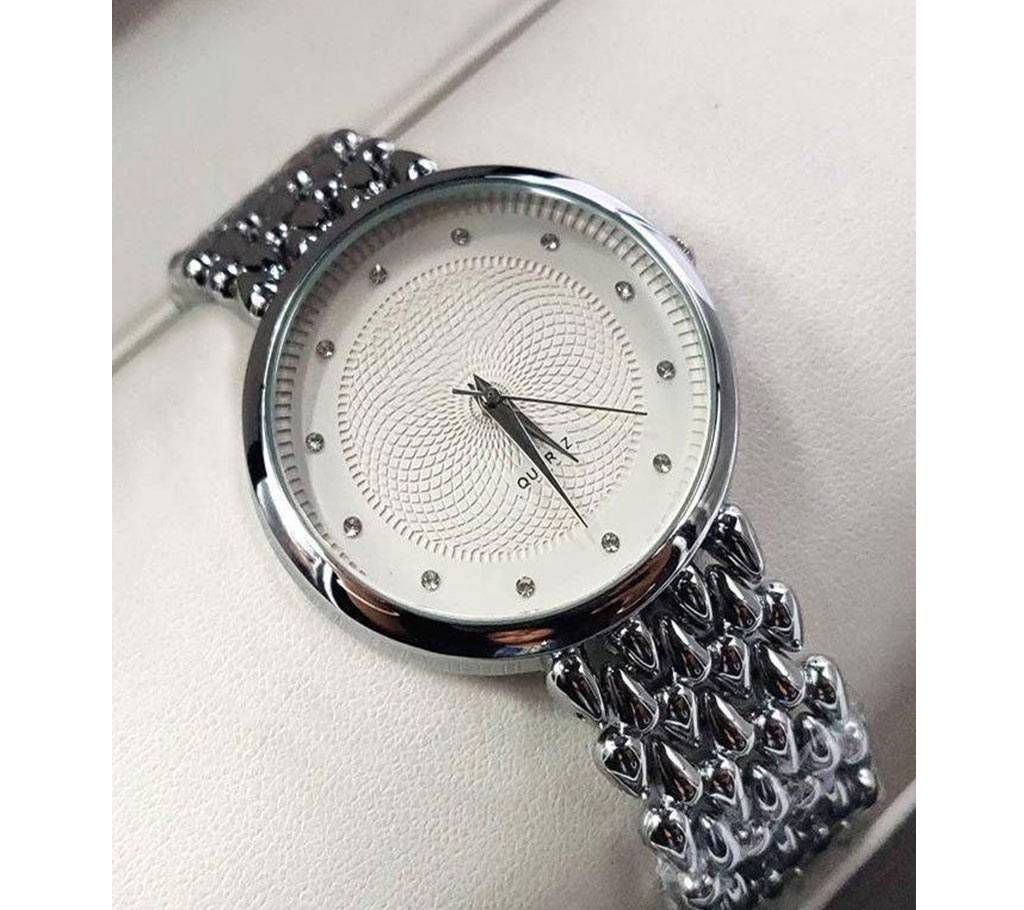 Silver and White Stainless Steel Analog Watch for Women