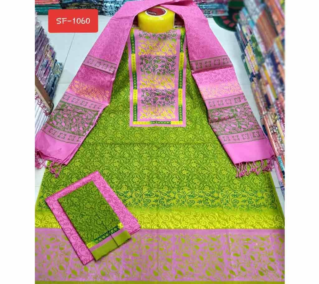 Block Printed Unstitched Cotton Three Piece- Green 