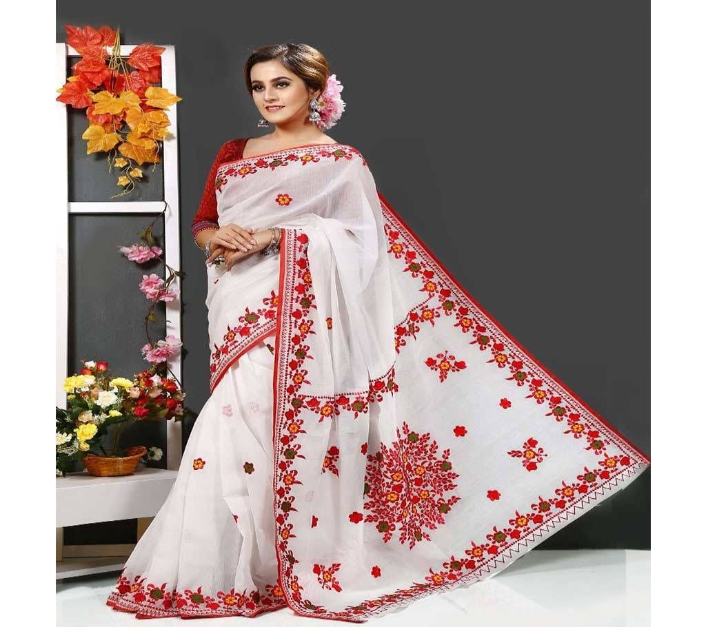 Beautiful Off White and Red and Colorful Flower Design in Anchol, Paar and Body Silk Sharee - 132