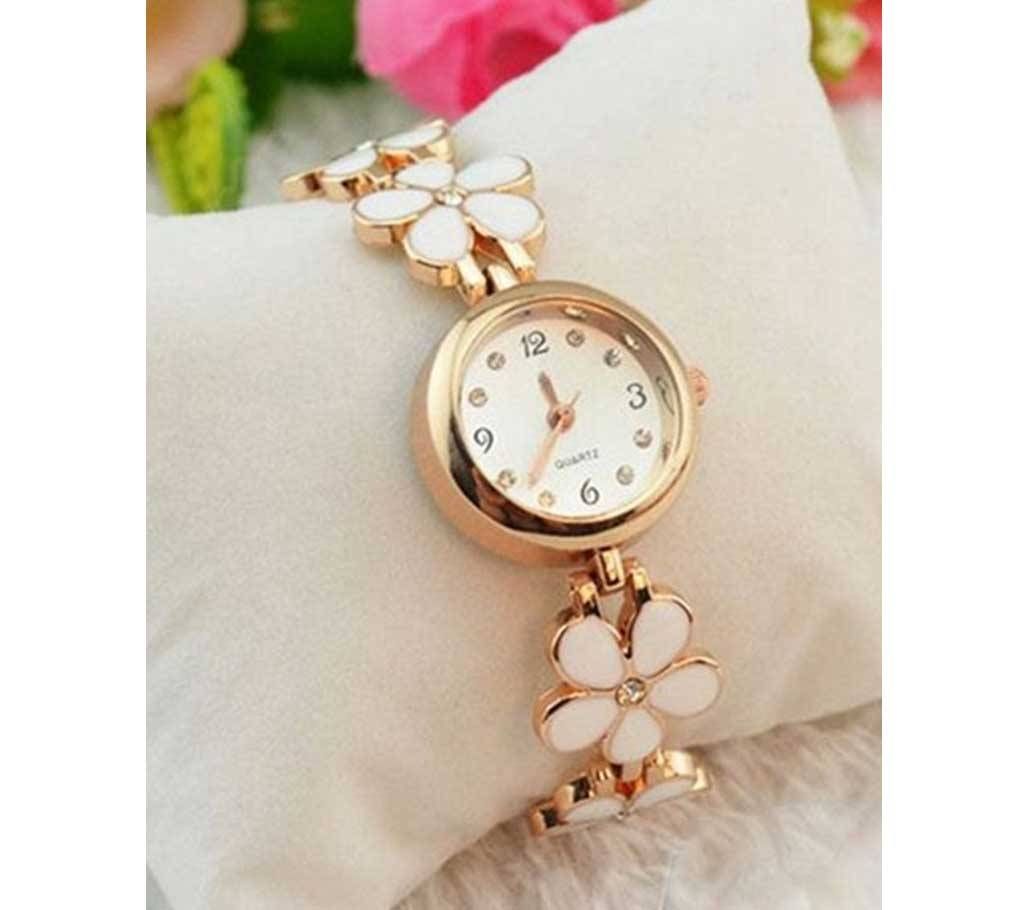 Flower Rose Gold Bracelet With Wrist Watch for Women - White